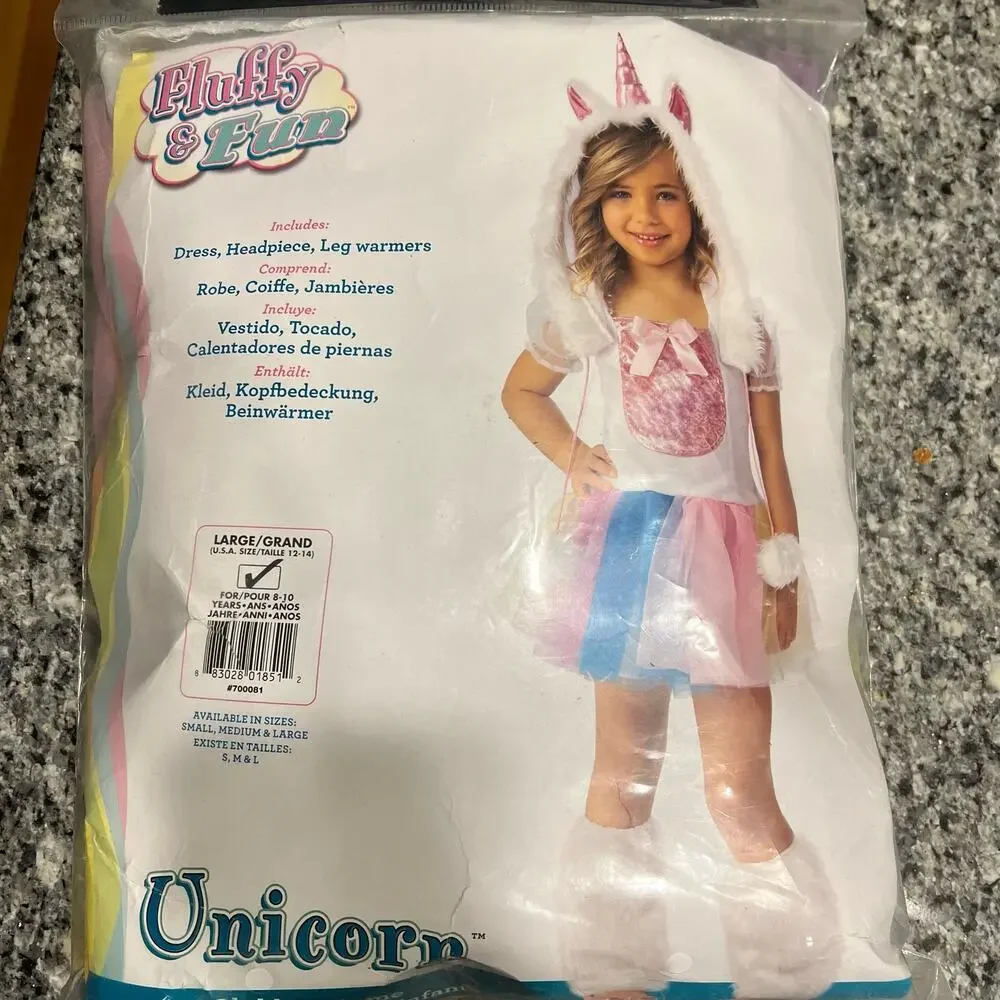 Unicorn Girls 3 Piece White Pink Halloween Costume Dress Up Theater Size 12-14